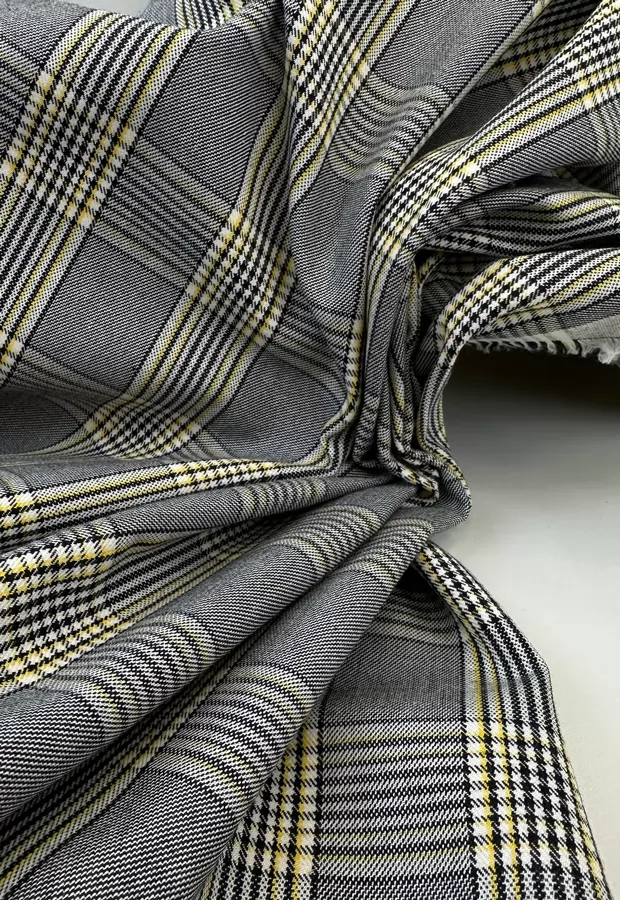 Костюмный хлопок: контрастная чёрно-белая клетка с жёлтым акцентом 💫  - Ткани FF Москва