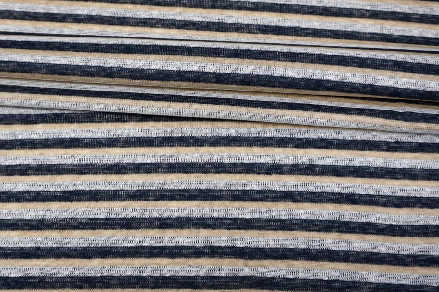 Льняной трикотаж Двусторонний Дабл Полоска бежевая TRC H46/5 W20  17042336