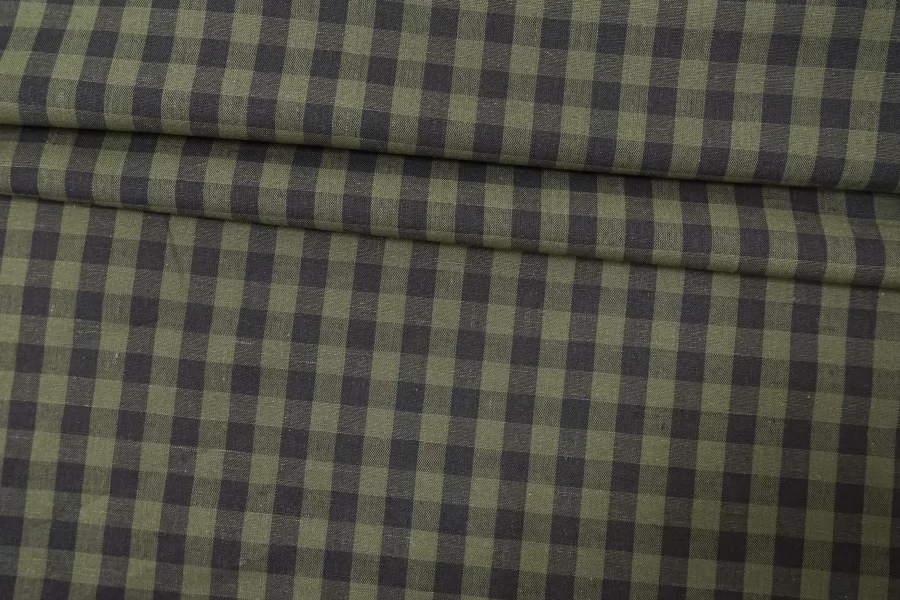 Лён с хлопком рубашечно-плательный в клетку Серо-зелёный CVC H16/3 G30 19112512