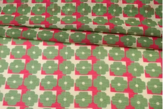 Батист хлопок с шёлком Цветы зелёные на молочно-розовом CVC H2/4 O10 21112586