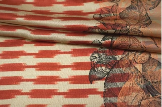 Атлас шелковый Max Mara Купон Абстракция красно-бежевая с цветами H00 EE11 30092559