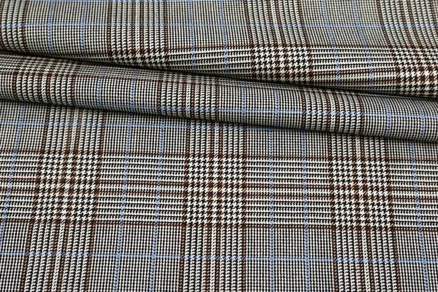 Костюмная поливискоза в клетку и гусиную лапку MAX MARA Чёрно-белая с коричневым и голубым MM H64 AA60 1102542