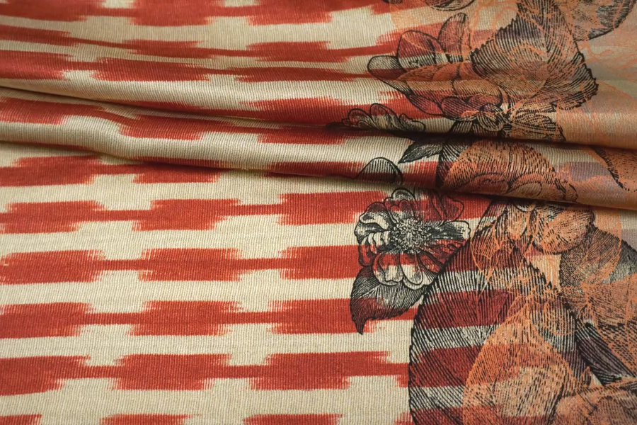 Атлас шелковый Max Mara Купон Абстракция красно-бежевая с цветами H00 EE11 30092559