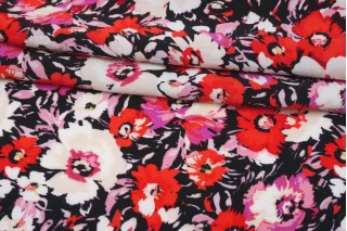 Вискоза креповая плательная Цветы розовые на чёрном SMF H21/7 i40 15052523