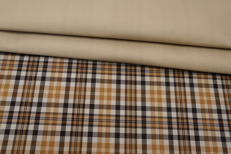 Плащевый хлопок водоотталкивающий дабл двусторонний BURBERRY Бежево-коричневая клетка BRS H53/2 jj00 4082627