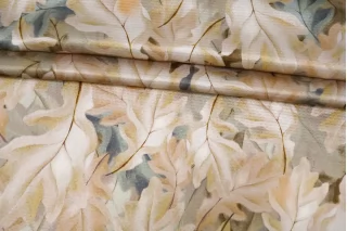 Атласный сирсакер шёлковый плательно-блузочный FORTE FORTE Листья на зелёно-бежевом TRC H31/1 N30 12122552