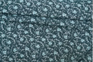 Жаккард-стрейч костюмный хлопковый Цветы на бирюзовом TRC H34/3 L10 11122529