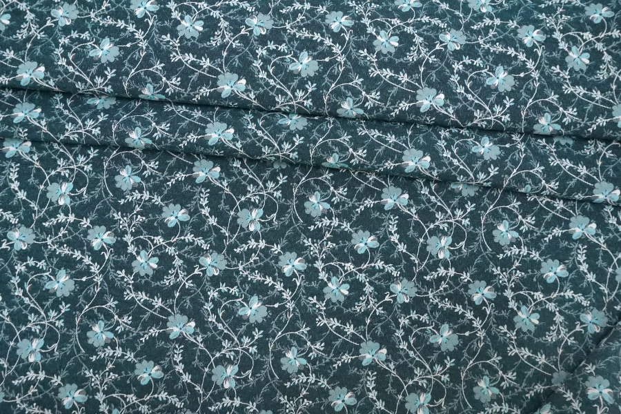 Жаккард-стрейч костюмный хлопковый Цветы на бирюзовом TRC H34/3 L10 11122529