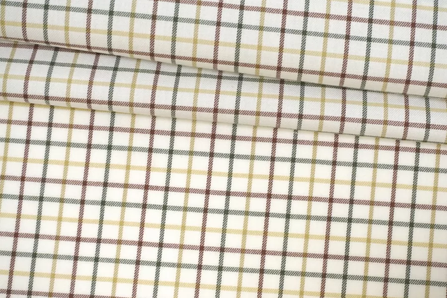 Фланель хлопковая рубашечная в клетку ALBINI Белая с зелёным и коричневым CVC Н6/1 B60 21112539