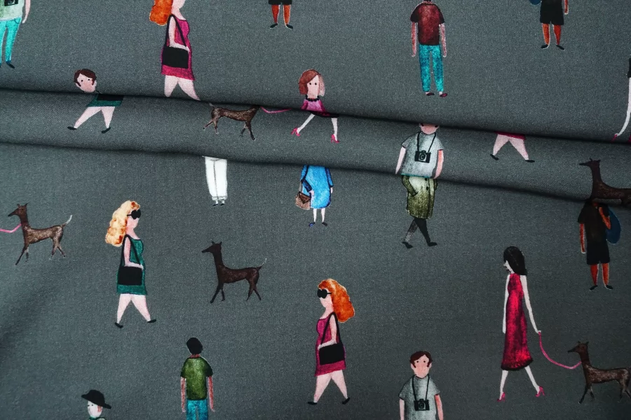 Вискоза плательно-блузочная Люди с собачками на сером CVC H00 EE55 21112572