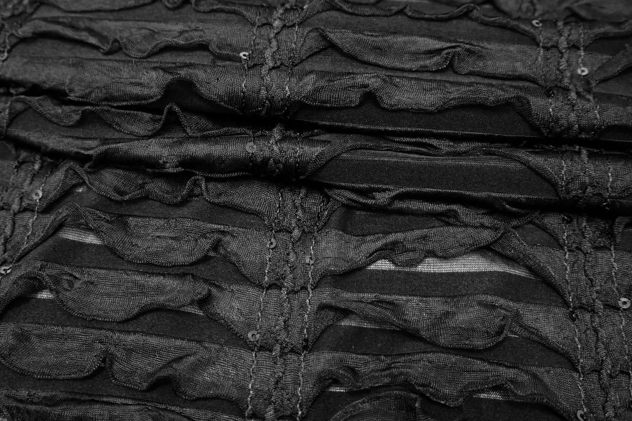 Сетка трикотажная мягкая Чёрная с пайетками и оборками FRM H36/4 N00 13022657