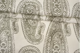 Лён с хлопком костюмно-плательный Зелёный орнамент на молочном H16 F20 14012661