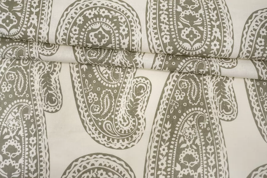 Лён с хлопком костюмно-плательный Зелёный орнамент на молочном H16 F20 14012661